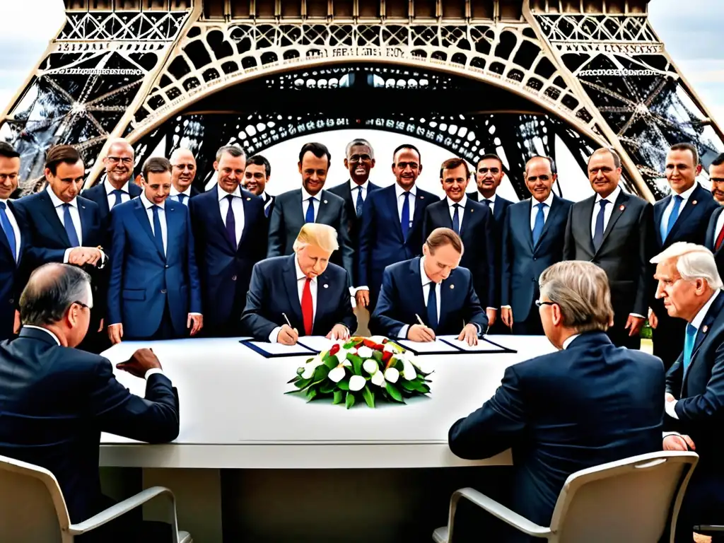 Acuerdos internacionales lucha cambio climático: Líderes mundiales firman el histórico Acuerdo de París con la Torre Eiffel de fondo, reflejando determinación y esperanza