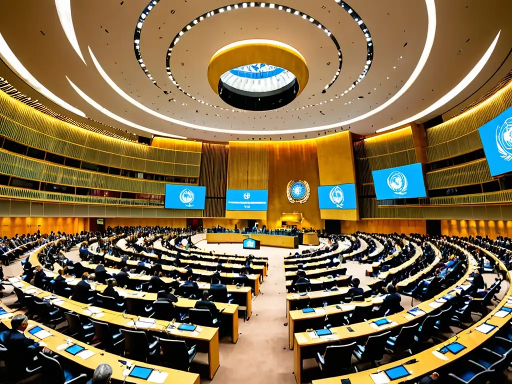 Acuerdos internacionales energías renovables: Sala de conferencias de la ONU llena de líderes mundiales, diálogo intenso y colaboración