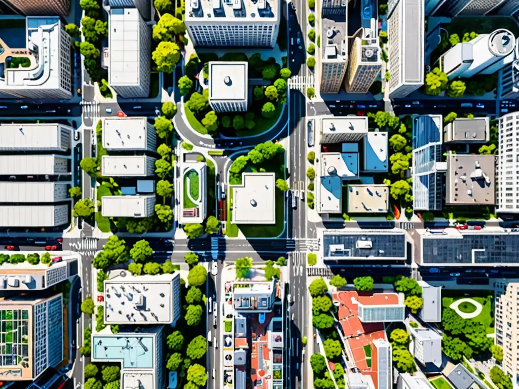 Una fotografía aérea de alta resolución que captura una ciudad vibrante y diversa, con espacios residenciales, comerciales y verdes