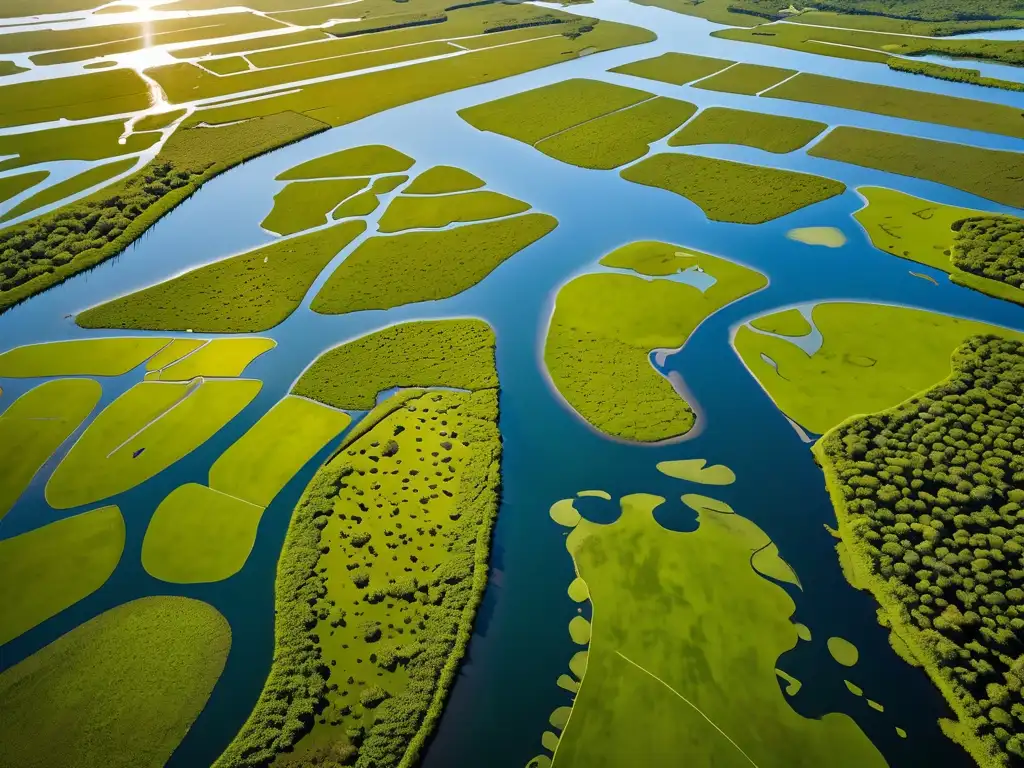 Una fotografía aérea de alta resolución de un exuberante y extenso humedal, hogar de una diversa flora y fauna