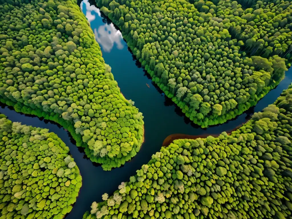 Una fotografía aérea de alta resolución de un exuberante parque nacional, destacando su red de ríos, bosques densos y praderas vibrantes