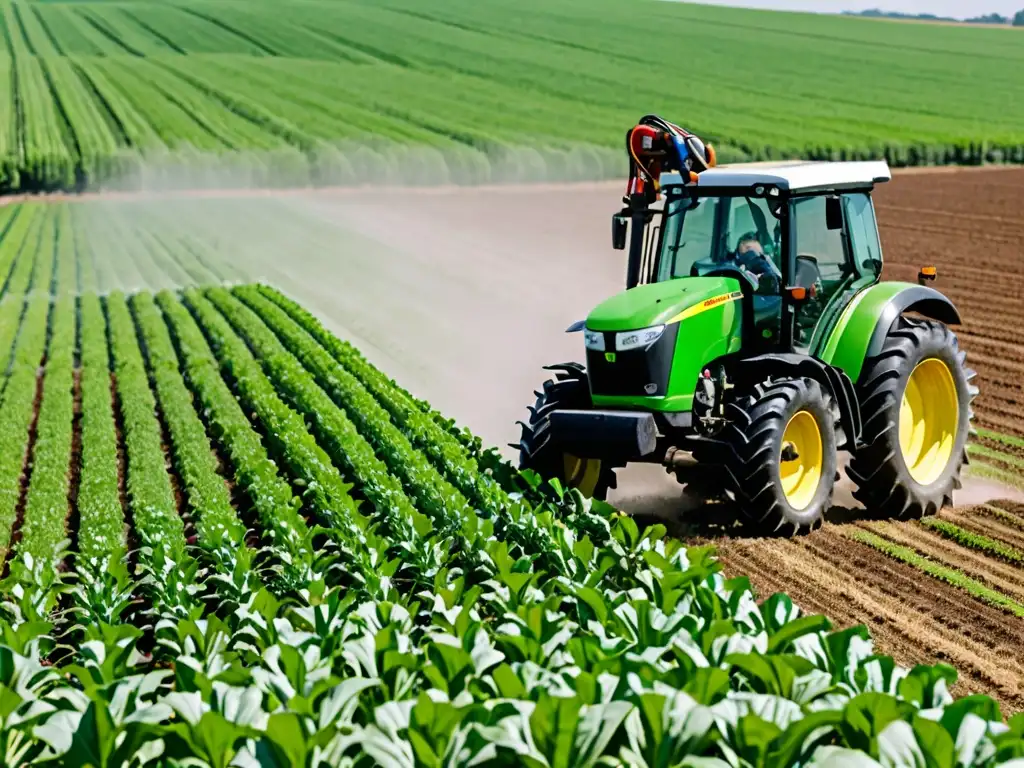 Un agricultor en un campo extenso, rociando cultivos con protección y mascarilla, cumpliendo regulaciones prevención contaminantes agua agricultura