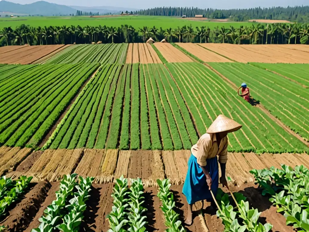 Un agricultor en un campo verde exuberante con maquinaria moderna