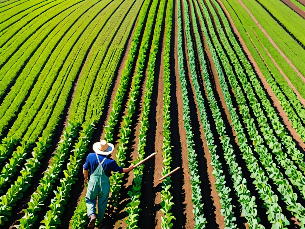 Un agricultor en un campo vibrante y exuberante cuida de sus cultivos bajo un cielo azul claro