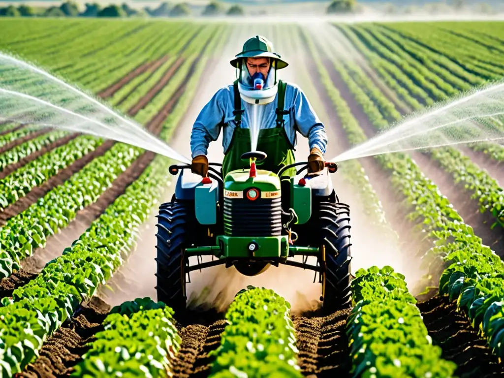 Un agricultor concentrado rocía pesticidas en un vasto campo, creando una atmósfera surreal