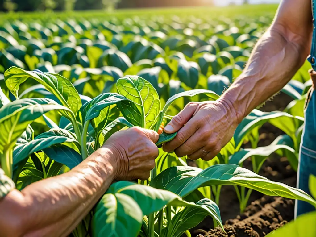 Un agricultor inspecciona con cuidado un campo de cultivos vibrantes y saludables bajo el cálido sol, destacando la regulación legal agricultura sustentable continent