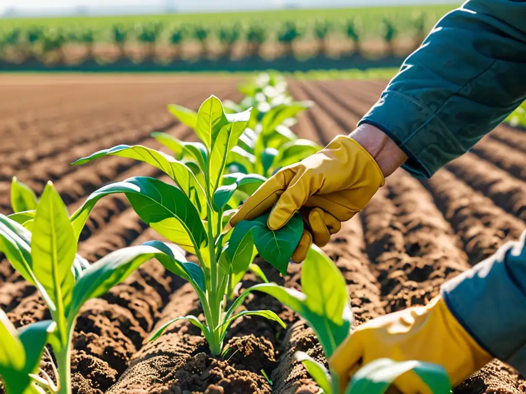 Un agricultor inspecciona con cuidado cultivo híbrido innovador en campo soleado, resaltando protección propiedad intelectual en agricultura