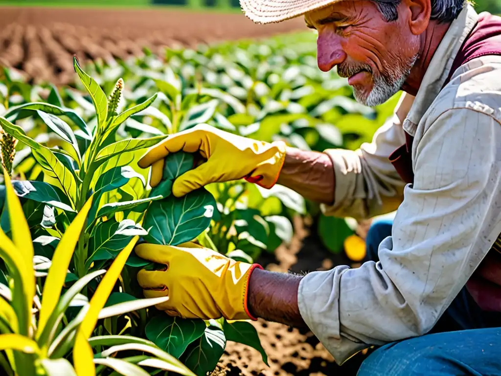 Un agricultor inspecciona con cuidado plantas coloridas en un campo soleado, mostrando la agricultura resiliente ante el cambio climático