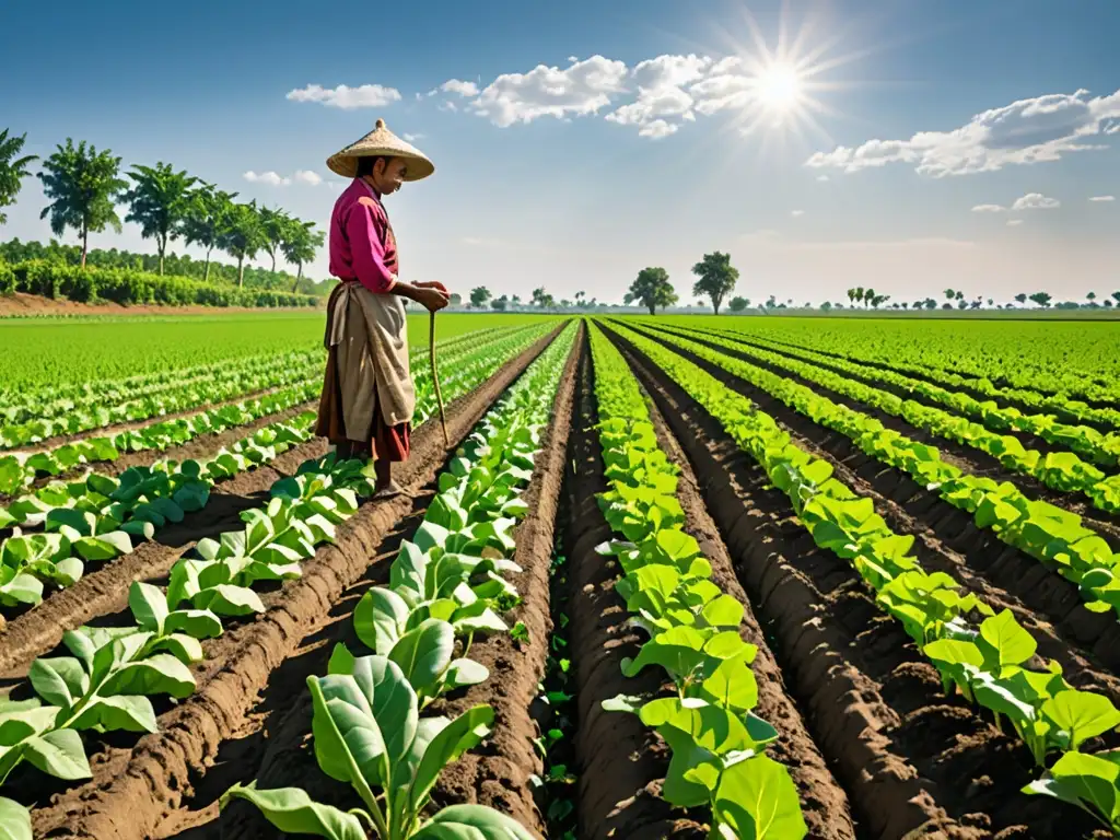 Un agricultor cuidadoso trabaja en un campo verde y exuberante bajo el cálido sol, demostrando el vínculo armonioso entre humanos y la naturaleza