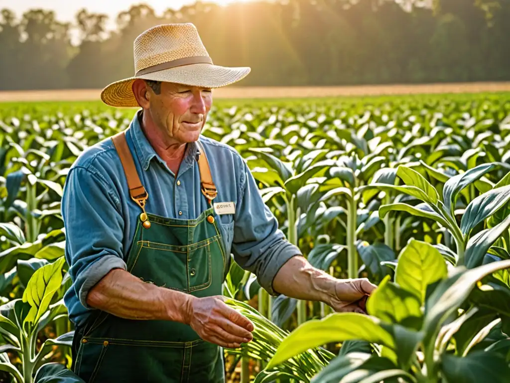 Un agricultor inspecciona sus cultivos bajo el cálido sol, destacando el impacto de la legislación ambiental en agricultores