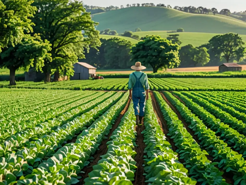 Un agricultor cuida de sus cultivos en un campo verde y exuberante bajo un cielo azul claro