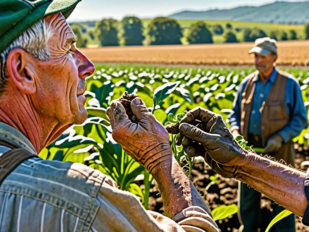 Un agricultor inspecciona sus cultivos con dedicación, mostrando el impacto de la legislación ambiental en agricultores