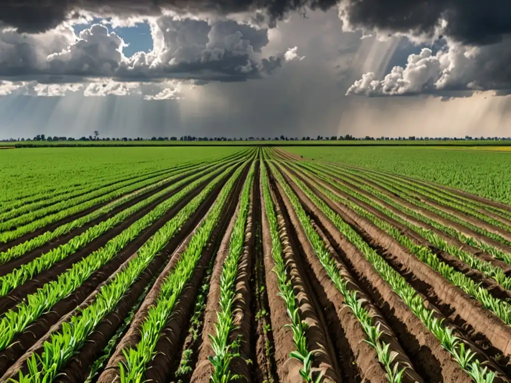 Un agricultor observa sus cultivos en un paisaje rural bajo un cielo dramático