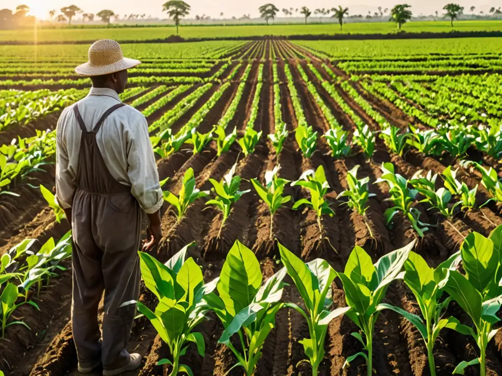 Un agricultor inspecciona cultivos en un paisaje verde