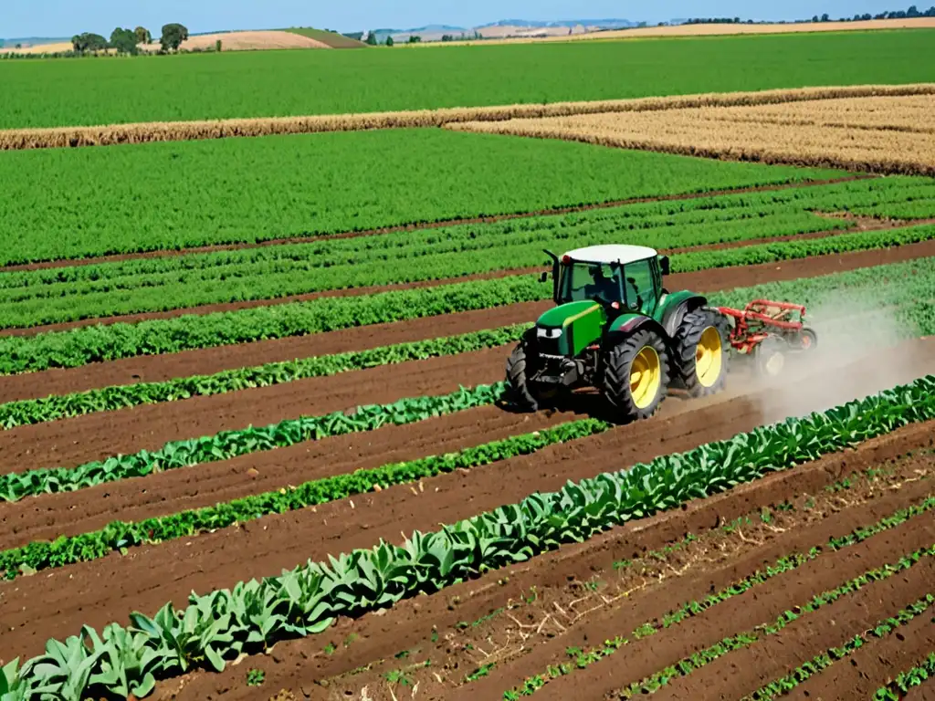 Un agricultor cuida de sus cultivos mientras un tractor moderno ara el campo