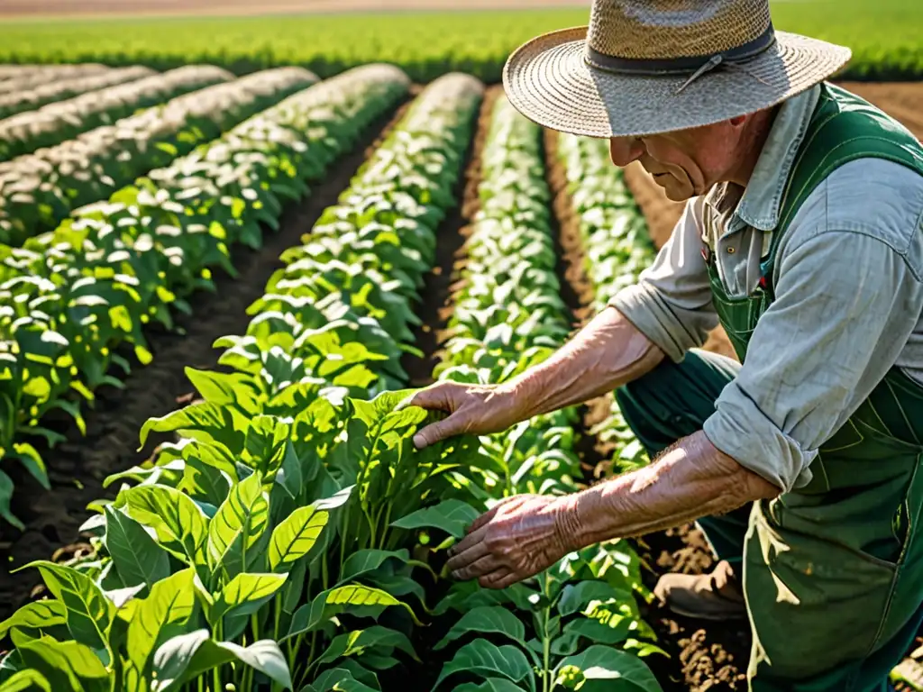 Un agricultor inspecciona cuidadosamente cultivos verdes en un campo soleado