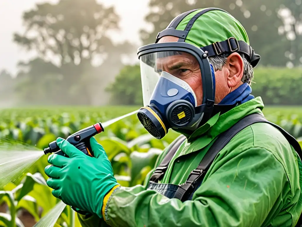 Un agricultor detallado rocía pesticidas con protección, destacando la seriedad y precisión en las regulaciones pesticidas protección salud ambiente