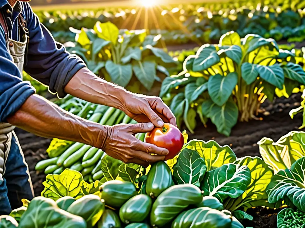 Un agricultor cuida con esmero un campo orgánico exuberante, bañado por el sol