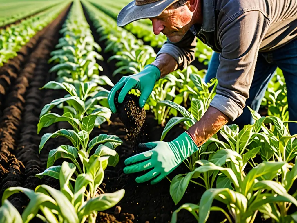 Un agricultor aplica fertilizante orgánico a cultivos verdes al amanecer