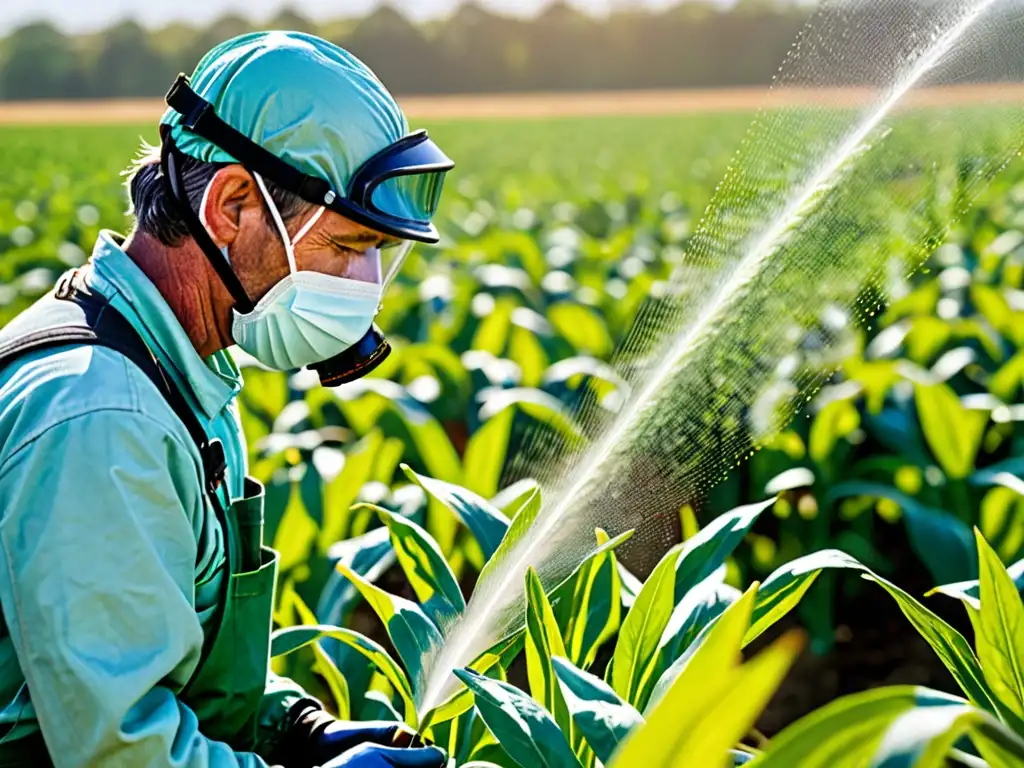 Un agricultor aplica pesticida en un campo soleado