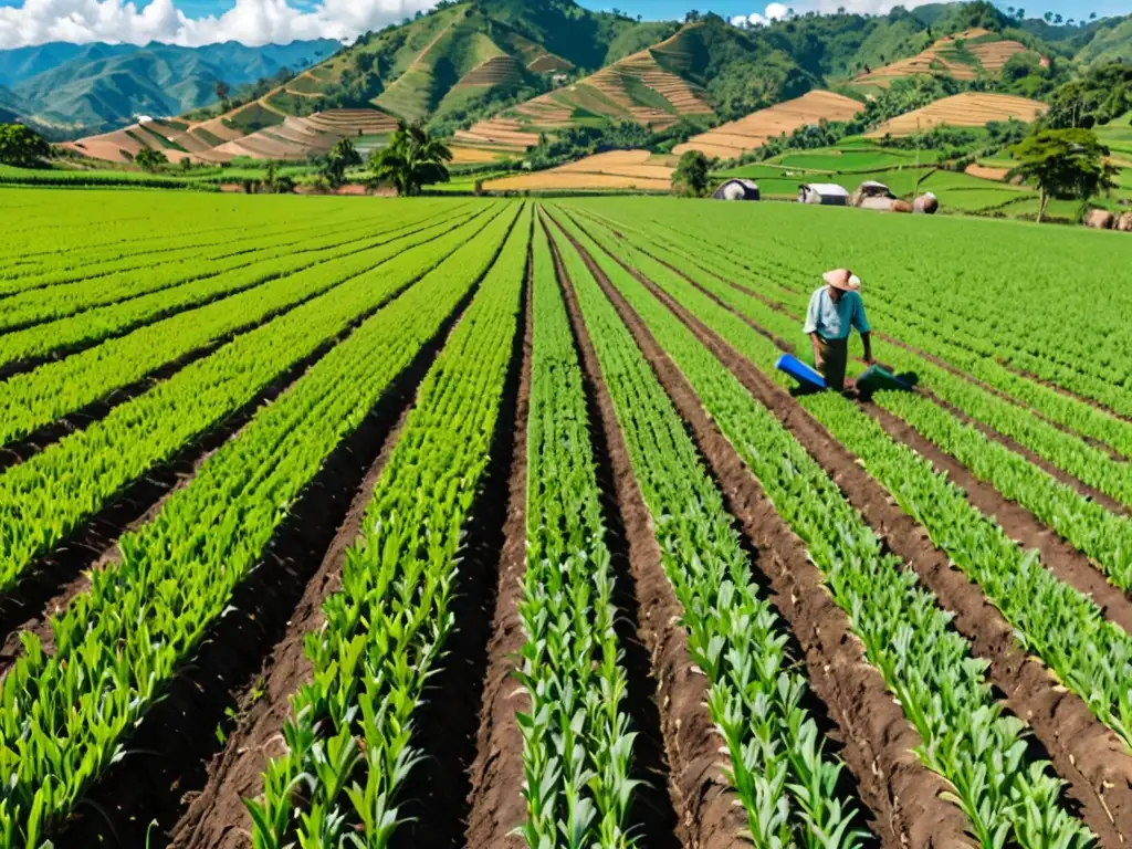 Un agricultor aplica pesticidas y fertilizantes en un paisaje agrícola verde con regulaciones pesticidas fertilizantes impacto legal