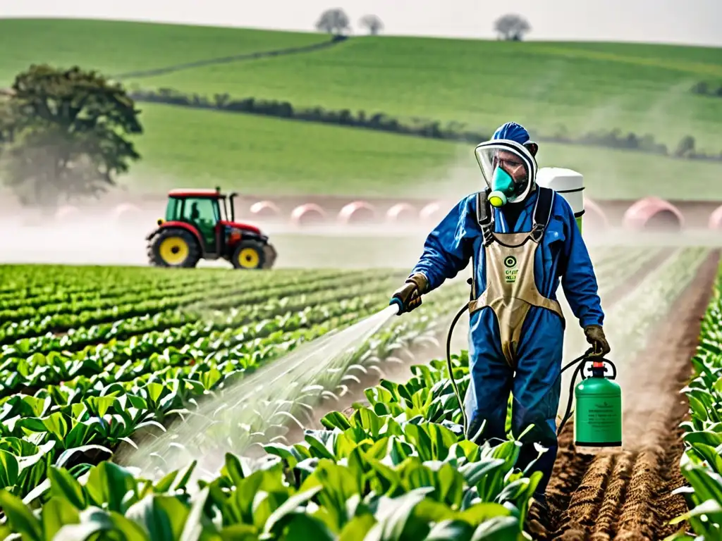Riesgos de pesticidas: Agricultor en acción Un agricultor rocía plaguicidas en un campo, con la neblina química en el aire, resaltando el impacto en la salud humana y el ambiente