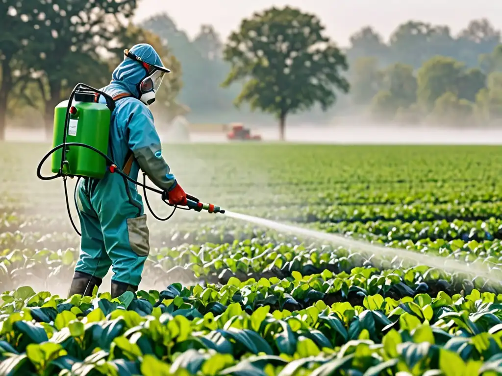 Rociando pesticidas: impacto en la salud y ambiente Un agricultor rocía plaguicidas sobre un campo, con la niebla química en el aire