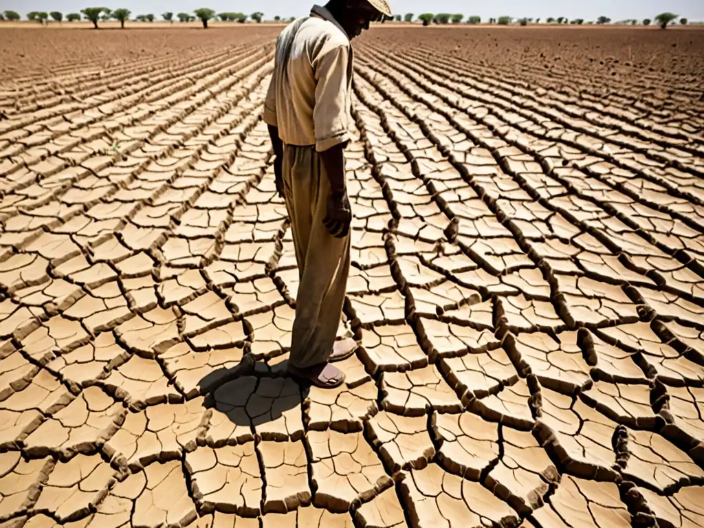 Un agricultor observa con preocupación un paisaje desolado por la sequía, resaltando la necesidad de gestión hídrica en tiempos de sequía