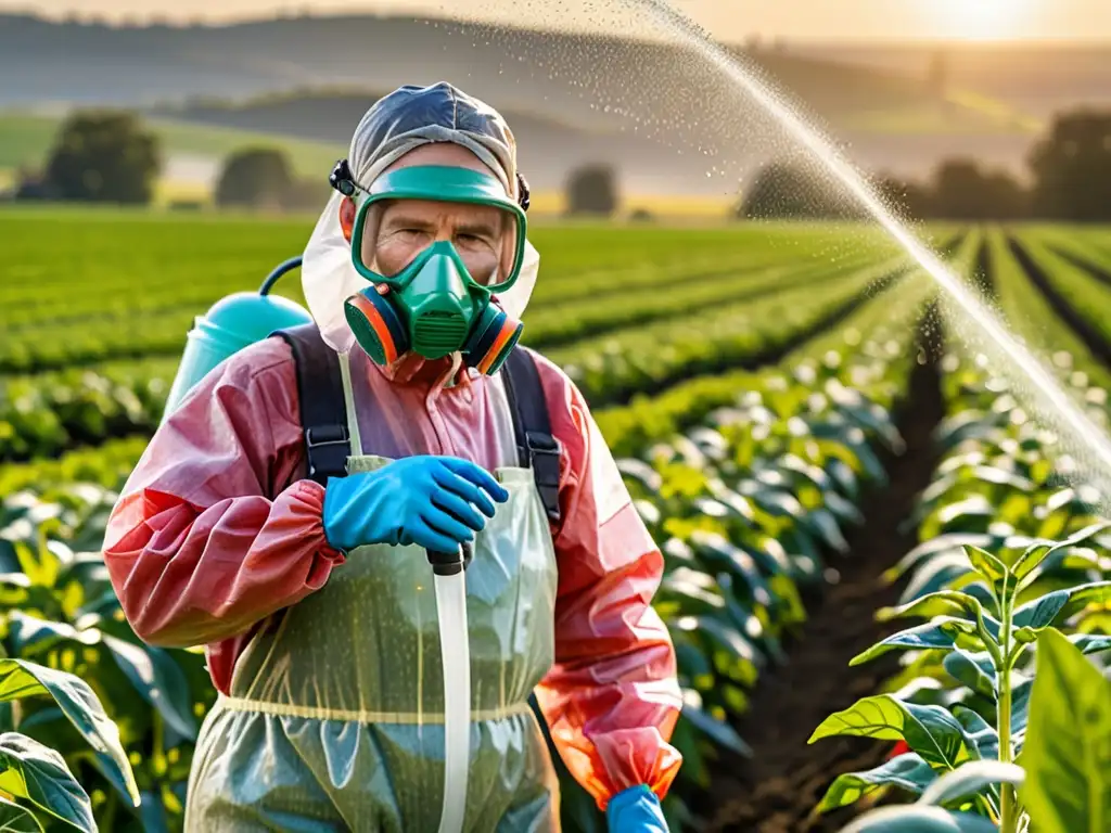 Un agricultor protegido rociando pesticidas en un campo, destacando las regulaciones de pesticidas y la protección de la salud y el ambiente