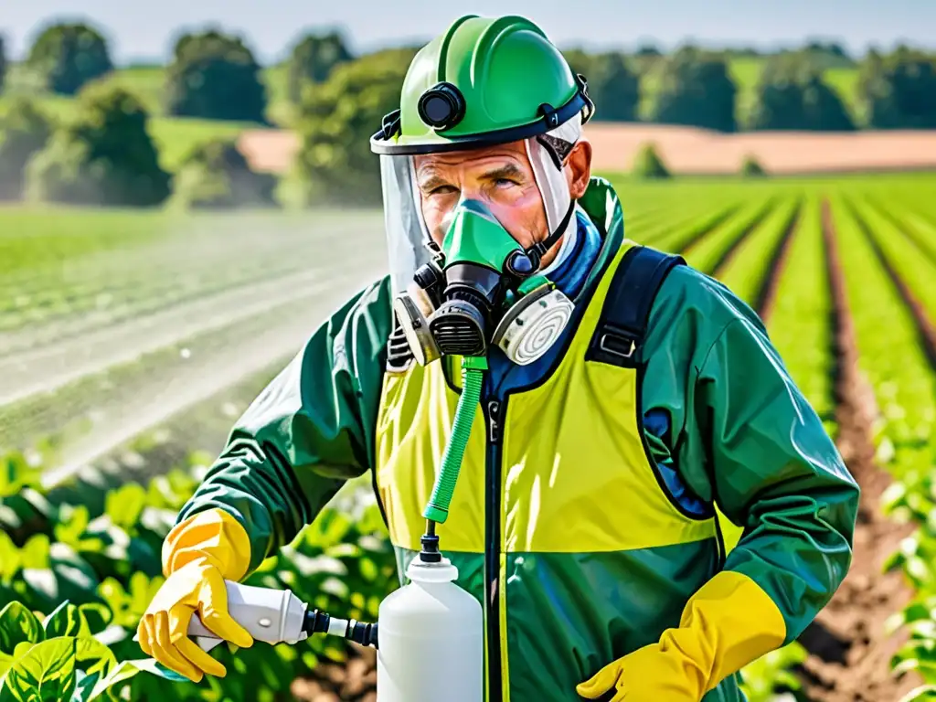 Aplicación de pesticidas: Protección y riesgos en la agricultura Un agricultor protegido rocía plaguicidas en un campo; destaca la importancia y el impacto de los plaguicidas en la salud humana y el ambiente