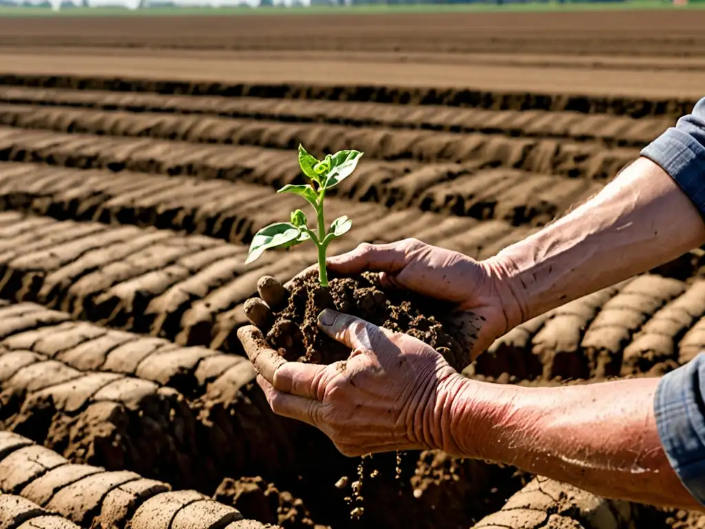 Un agricultor inspecciona el suelo seco en un campo afectado por la sequía