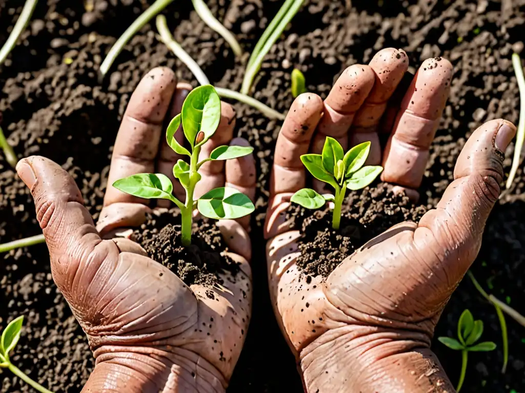 Un agricultor sostiene tierra fértil con brotes verdes, mostrando el impacto agroindustria derechos humanos