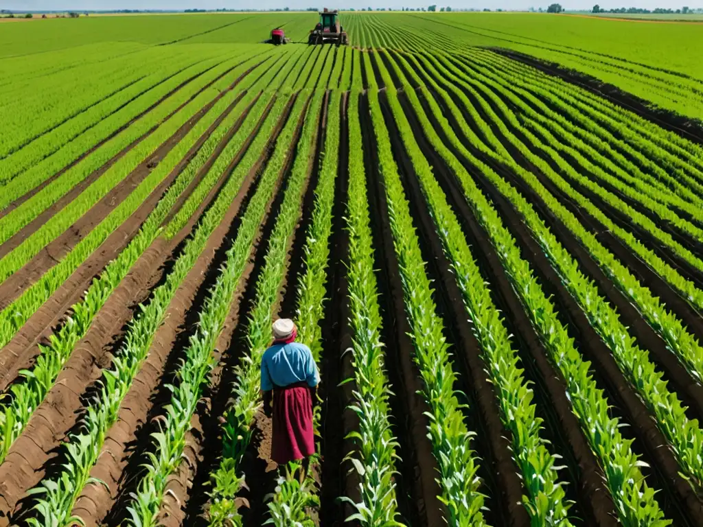 Un agricultor en un vasto paisaje agrícola, con cultivos y cielo azul