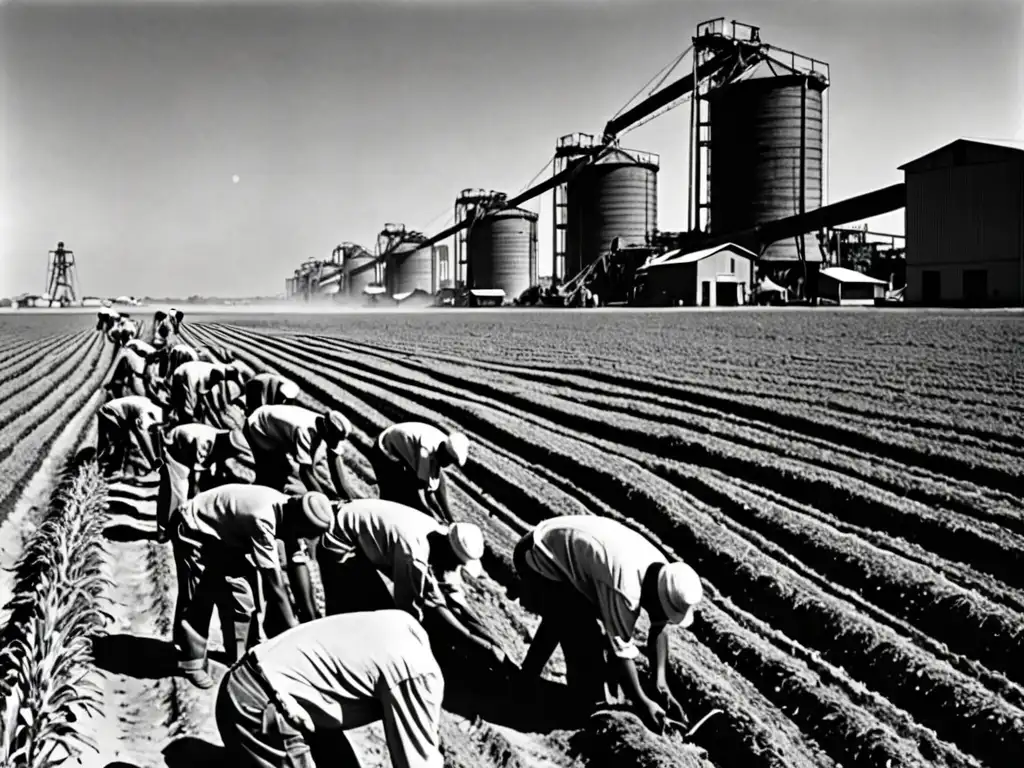 Agricultores agotados trabajan en un campo bajo el sol, contrastando con la industria