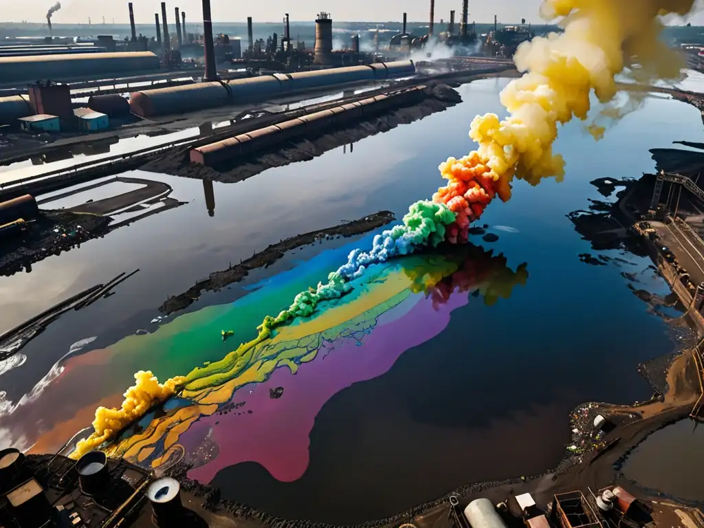 Agua contaminada con residuos industriales, reflejo de fábricas emitiendo humo