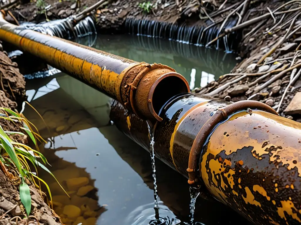 Agua contaminada fluye por tubería oxidada, rodeada de infraestructura descuidada