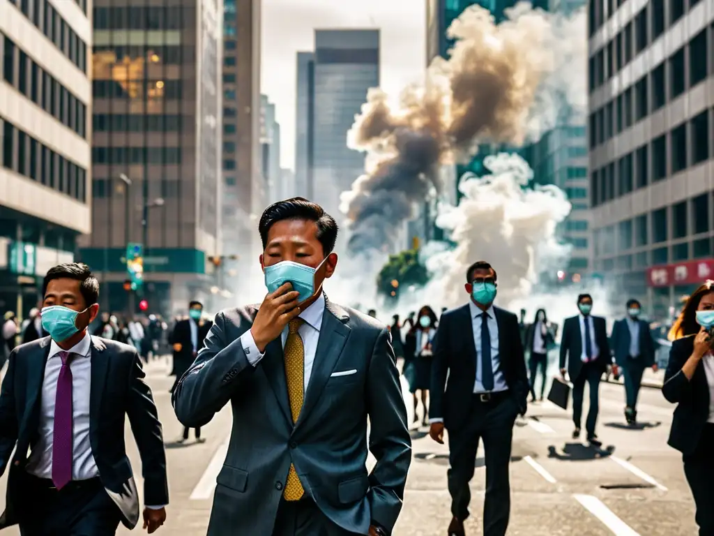 Inversión en salud aire limpio: Una ajetreada calle de la ciudad llena de gente usando mascarillas, rodeada de altos edificios bajo un cielo con smog