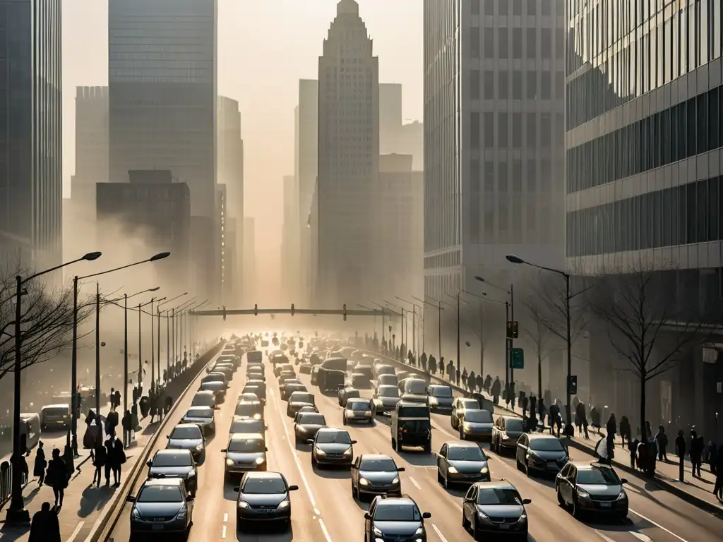 Inversión en salud aire limpio: Imagen documental de una calle urbana llena de tráfico, smog y una atmósfera opresiva