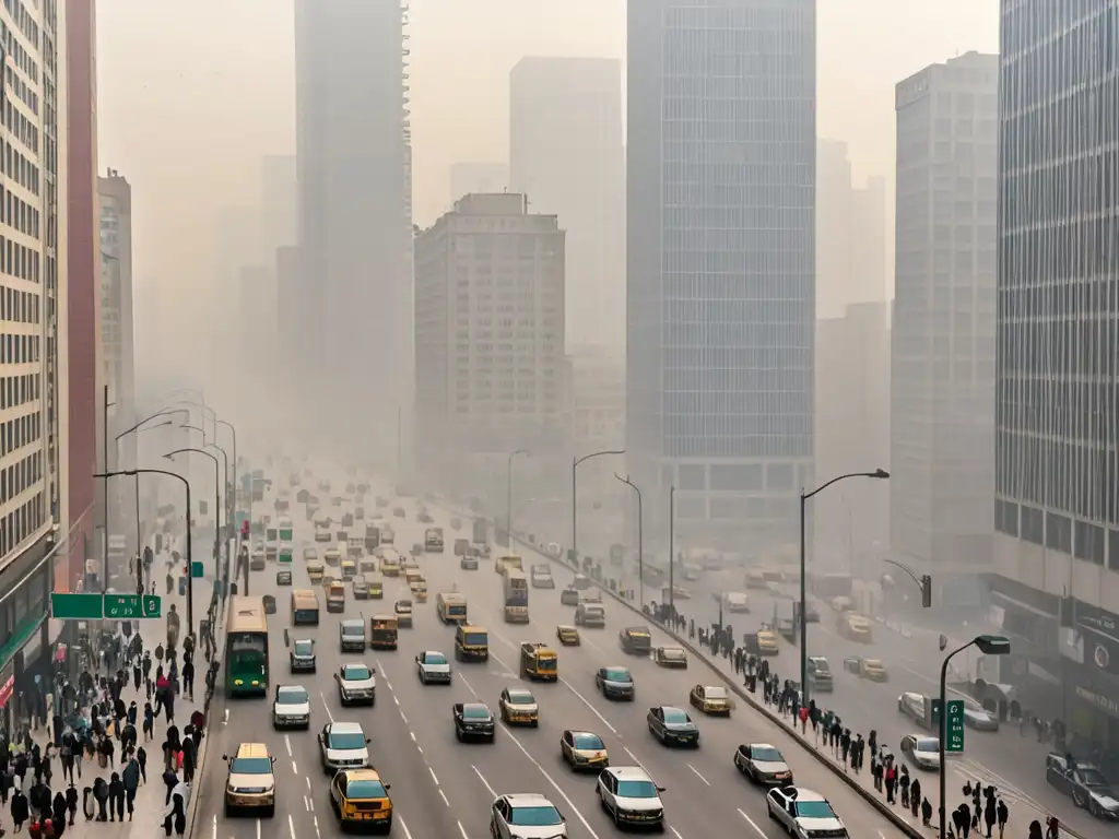 Inversión en salud aire limpio: Impactante vista panorámica de una ciudad urbana envuelta en espesa contaminación