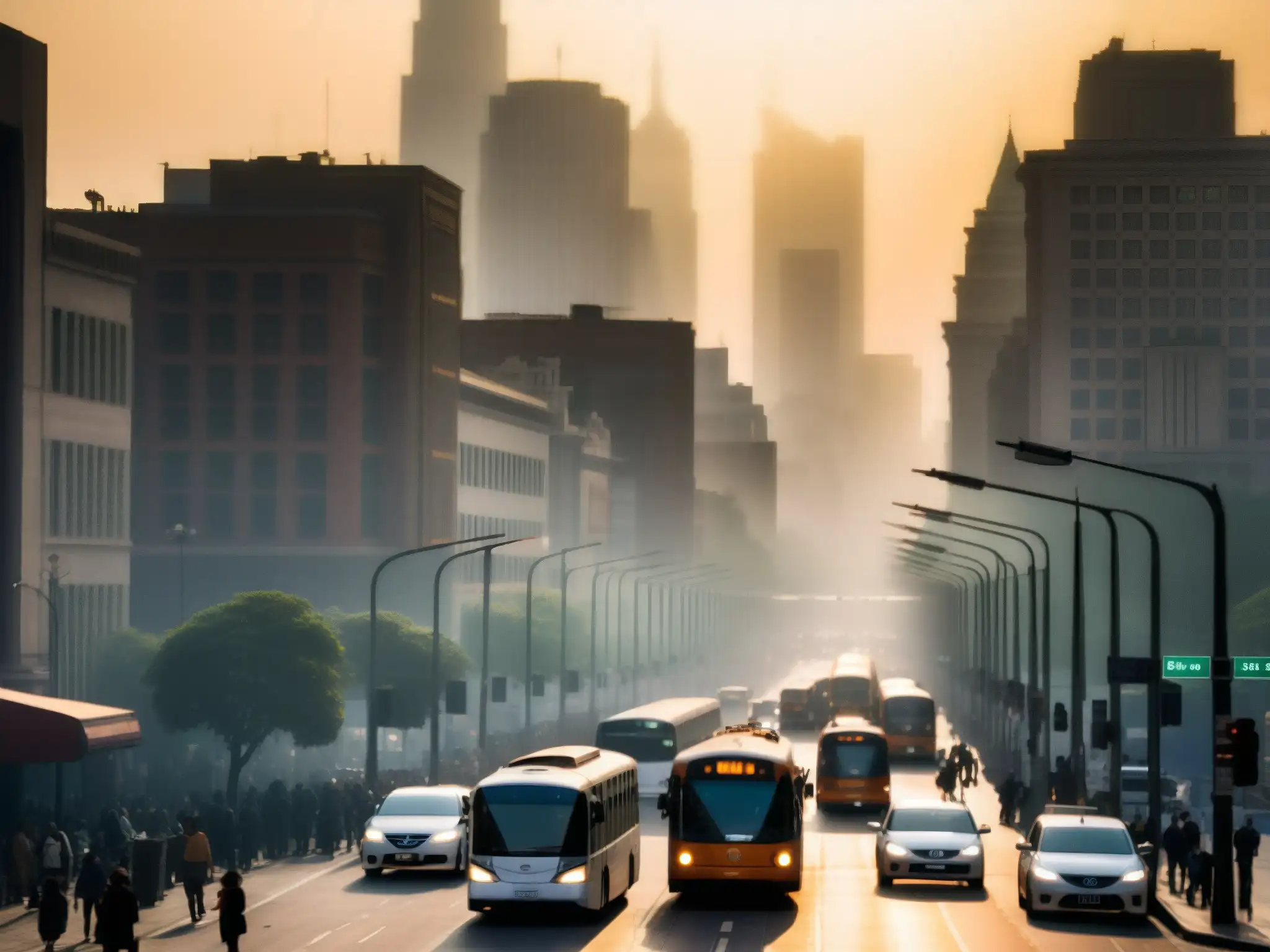 Una ajetreada calle de la ciudad envuelta en espesa neblina tóxica, resaltando la necesidad de legislación ambiental y cambio climático global