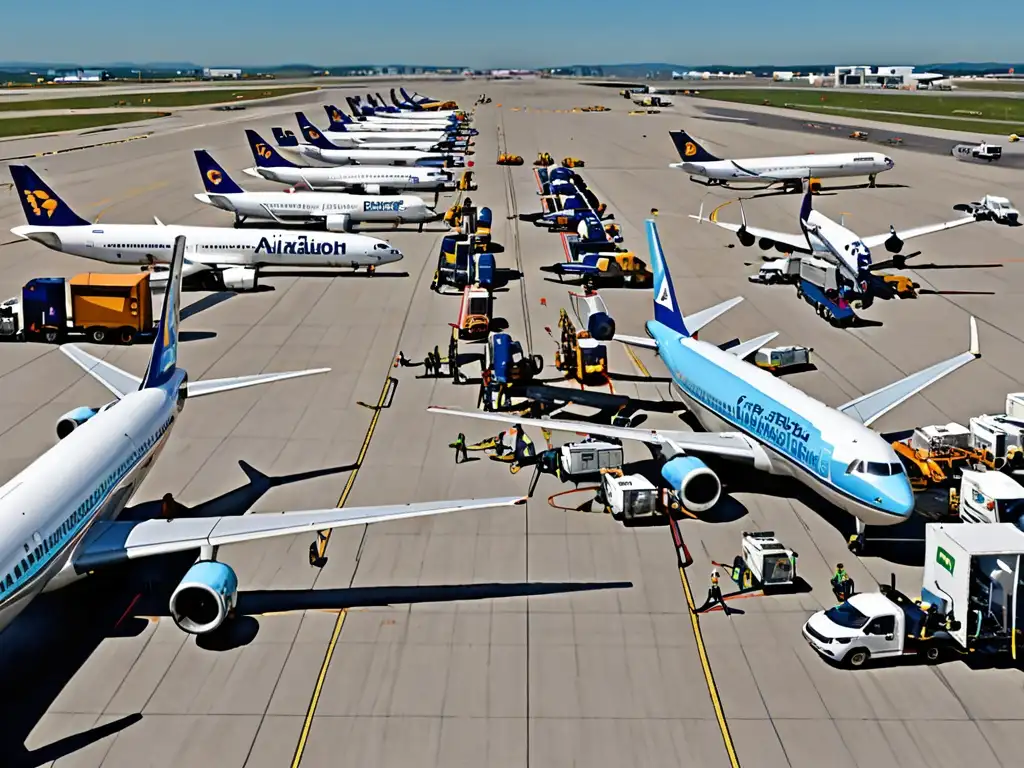 Un ajetreado tarmac de aeropuerto con aviones, personal y vehículos de servicio