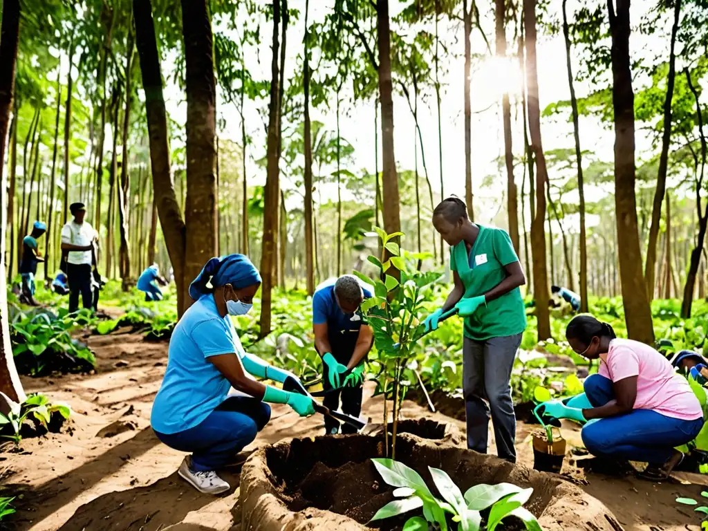 Alianzas verdes entre ONGs y comunidades locales: Grupo diverso planta árboles en un bosque exuberante, mostrando unidad y propósito compartido