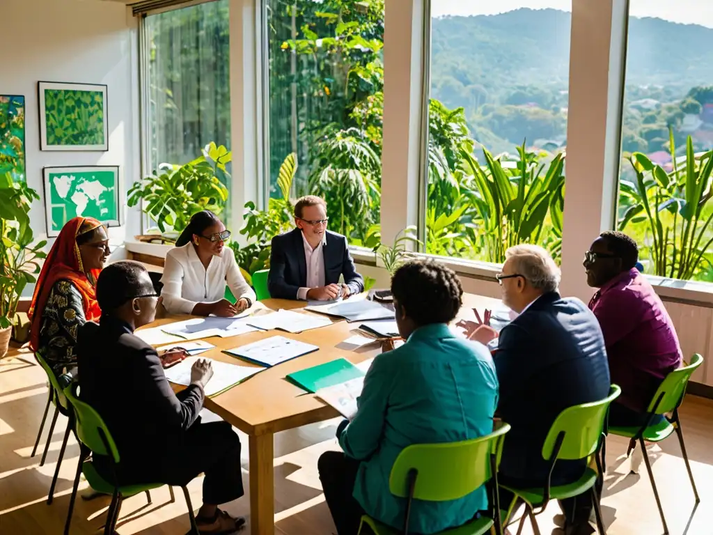 Alianzas verdes entre ONGs y comunidades locales: Grupo diverso colabora en un espacio soleado, intercambiando ideas y trabajando en iniciativas ambientales, simbolizando cooperación y determinación