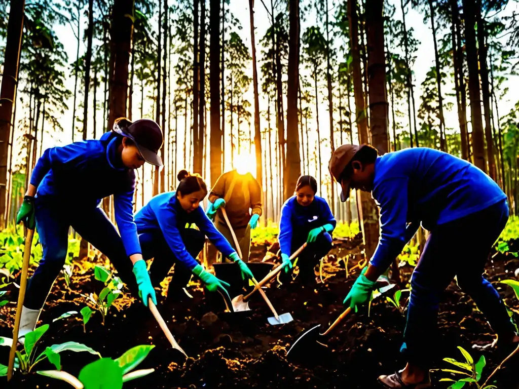 Alianzas verdes entre ONGs y comunidades locales: Voluntarios plantando árboles al atardecer, restaurando el medio ambiente