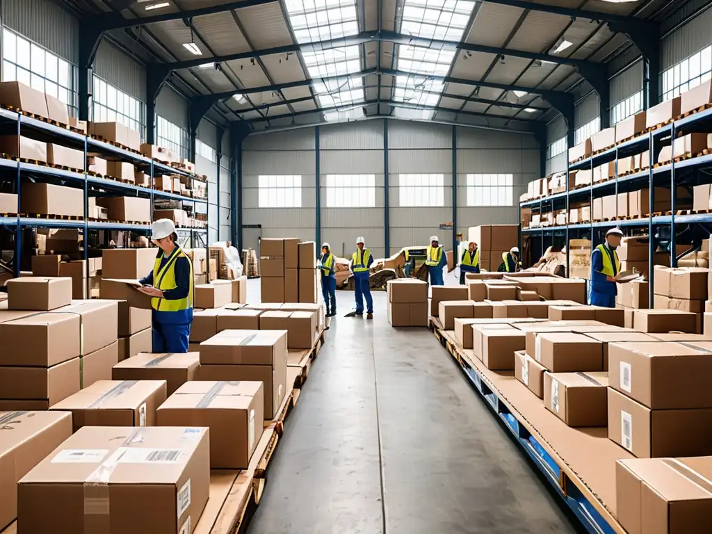 Un almacén ecoamigable bullicioso con trabajadores empacando productos sostenibles para exportación