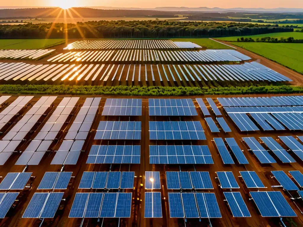 Un amanecer dorado ilumina una granja solar con trabajadores inspeccionando paneles solares