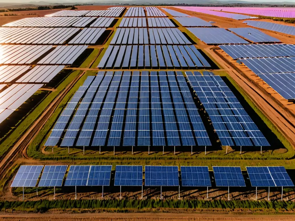 Un amanecer en una granja solar, con paneles solares en filas y un técnico inspeccionando