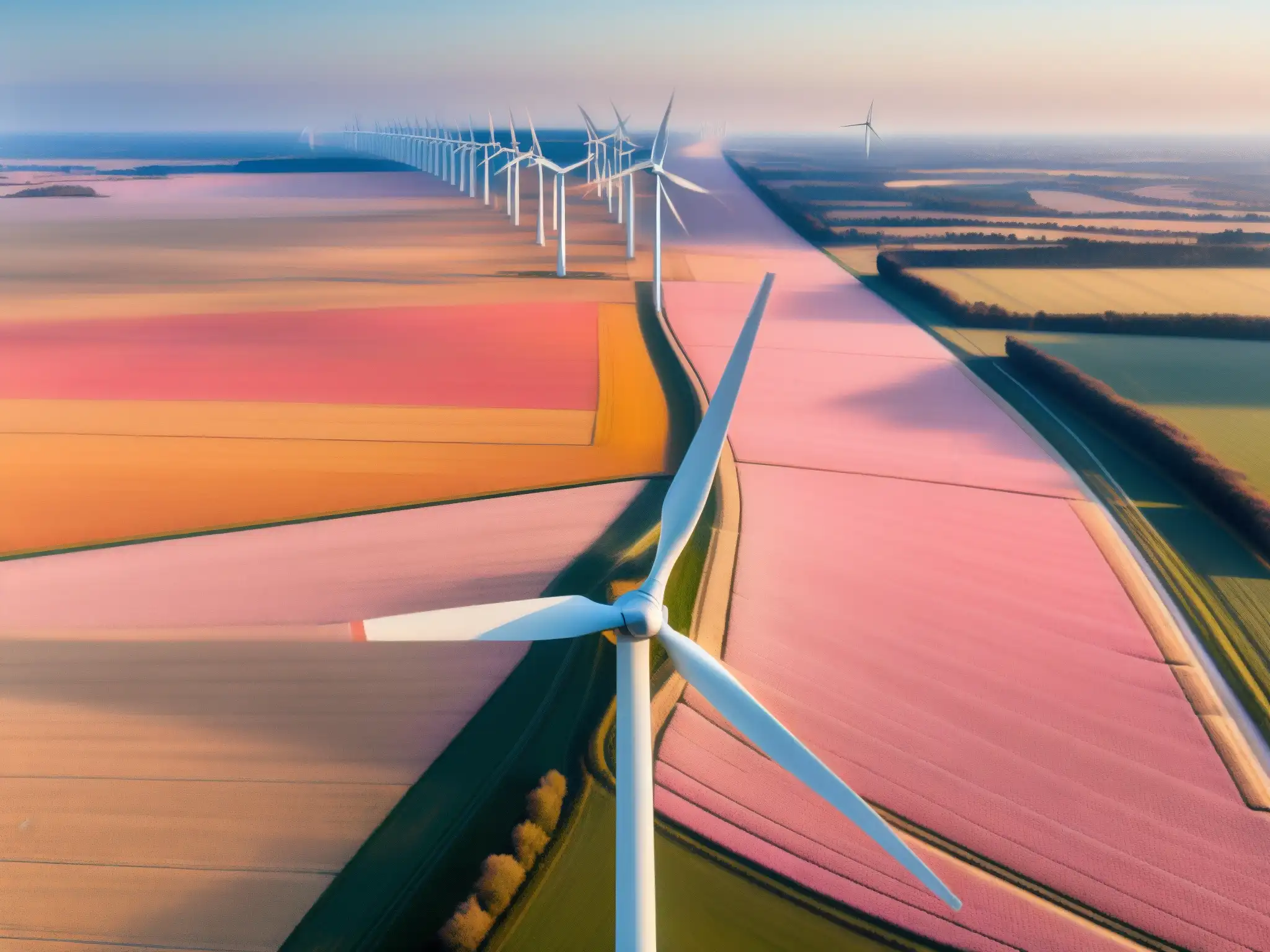 Parque eólico al amanecer: majestuosas turbinas capturan la energía limpia Un amanecer en un parque eólico, con majestuosos aerogeneradores que capturan la energía limpia