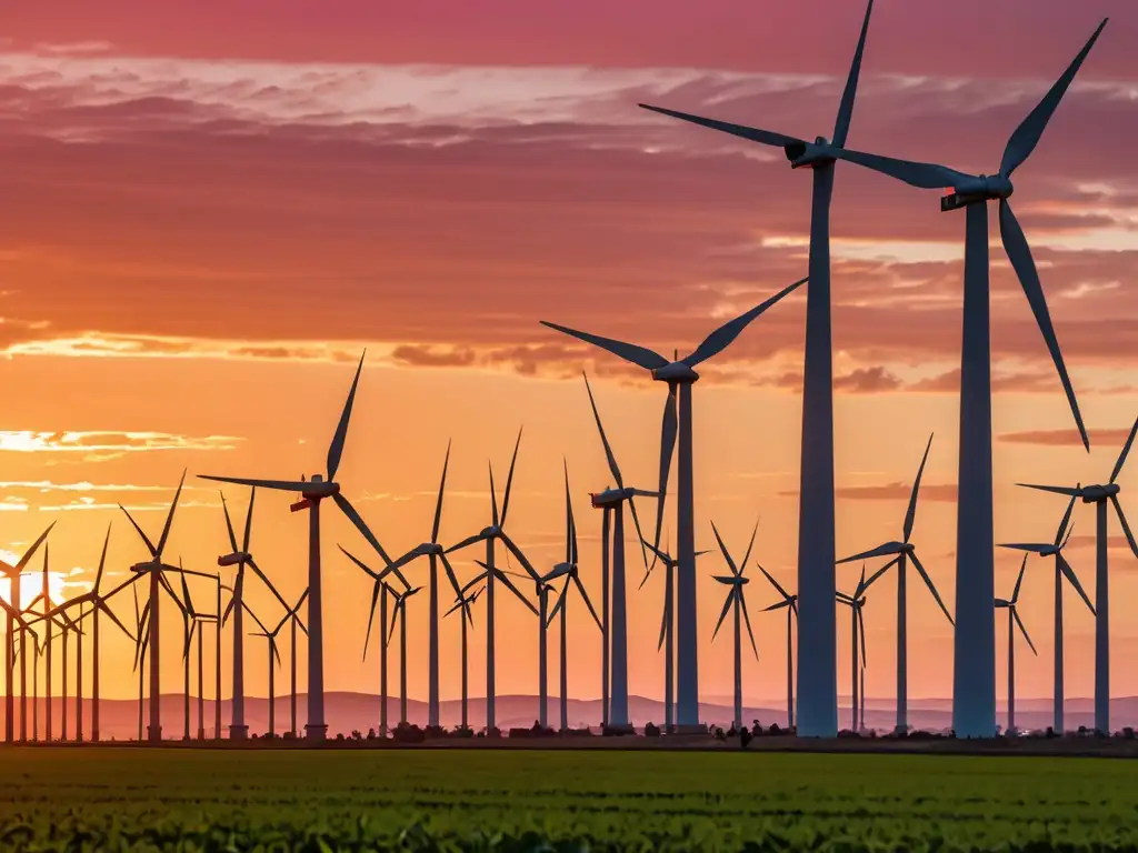 Un amanecer en un parque eólico con turbinas en movimiento, ingenieros realizan evaluaciones de cumplimiento ambiental sector energético