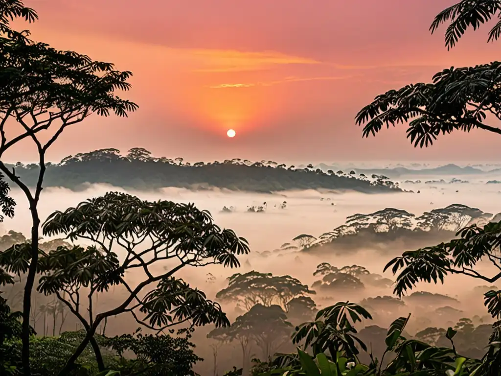 Un amanecer sereno sobre un denso bosque tropical con una espesa capa de neblina, creando una atmósfera misteriosa